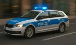 Ein deutsches Polizeiauto fährt mit eingeschaltetem Blaulicht eine Straße entlang.