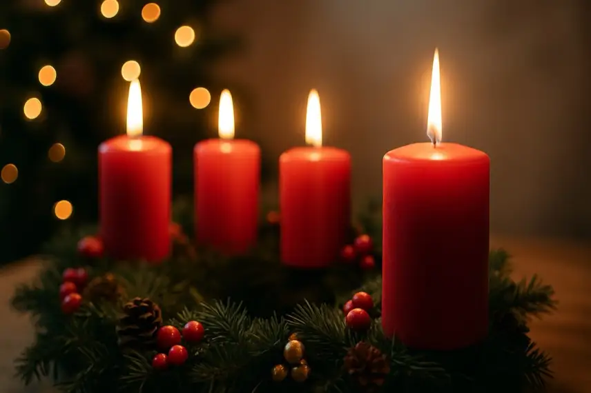 Ein Adventskranz mit vier rot brennenden Kerzen, dekoriert mit Tannenzweigen, Beeren und Zapfen, fotografiert in warmem Licht.