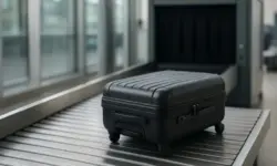 Schwarzer Hartschalenkoffer auf dem Rollband einer Flughafen-Sicherheitskontrolle vor einem Röntgengerät.