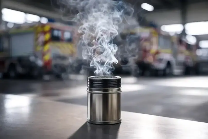 Nahaufnahme eines zylindrischen Metallfilters, aus dem Rauch aufsteigt; im Hintergrund unscharf Feuerwehrfahrzeuge.