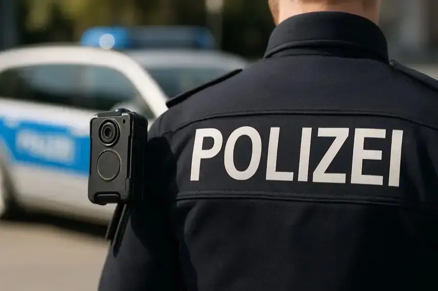 Rückansicht eines deutschen Polizisten mit Bodycam auf der Schulter, im Hintergrund ein unscharfes Polizeifahrzeug.