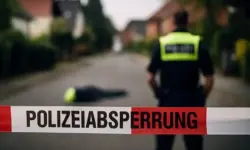 Ein Polizist steht mit dem Rücken zur Kamera hinter einem rot-weißen Absperrband mit der Aufschrift „POLIZEIABSPERRUNG“ in einer Wohnstraße.