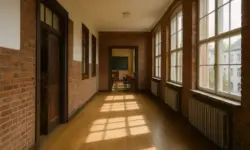Fotorealistischer Schulflur mit großen Fenstern, Backsteinwänden, Holzboden und Blick in einen Klassenraum ohne Personen.