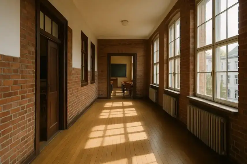 Fotorealistischer Schulflur mit großen Fenstern, Backsteinwänden, Holzboden und Blick in einen Klassenraum ohne Personen.