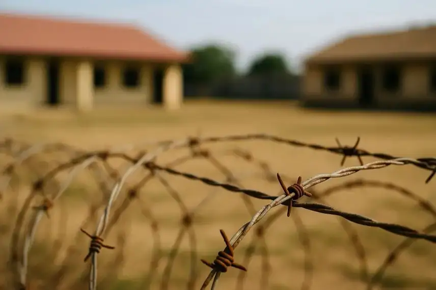 Stacheldraht im Vordergrund mit unscharfen Schulgebäuden im Hintergrund auf trockenem Gelände.