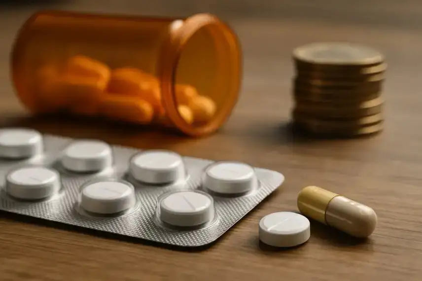 Nahaufnahme von Tabletten in Blisterverpackung, Kapseln und gestapelten Münzen auf Holzoberfläche, symbolisch für Pharmaforschung und Börsengeschehen.