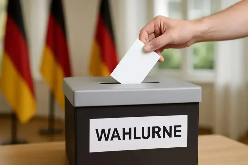 Wahlurne in einem hell ausgeleuchteten, leeren Raum, aufgenommen mit professioneller Tiefenschärfe – Symbolbild ohne erkennbare Personen oder Logos.
