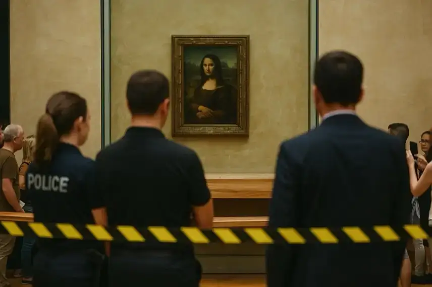 Nächtliche Außenaufnahme eines Museumsgebäudes mit Absperrband, Überwachungskameras und Sicherheitslichtern im Vordergrund.