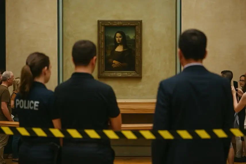 Nächtliche Außenaufnahme eines Museumsgebäudes mit Absperrband, Überwachungskameras und Sicherheitslichtern im Vordergrund.