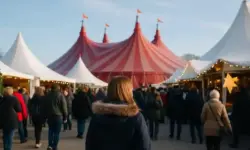 Fotorealistische Darstellung eines winterlichen Festivalgeländes mit Holzbuden, Lichtern und winterlicher Dekoration bei Tageslicht.