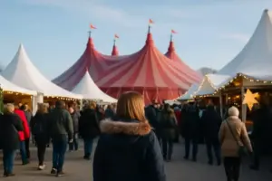 Fotorealistische Darstellung eines winterlichen Festivalgeländes mit Holzbuden, Lichtern und winterlicher Dekoration bei Tageslicht.