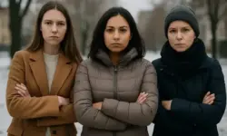 Drei Frauen in Winterkleidung stehen mit verschränkten Armen in einem verschneiten Park und blicken ernst in die Kamera.