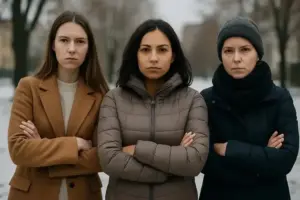 Drei Frauen in Winterkleidung stehen mit verschränkten Armen in einem verschneiten Park und blicken ernst in die Kamera.