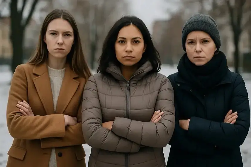 Drei Frauen in Winterkleidung stehen mit verschränkten Armen in einem verschneiten Park und blicken ernst in die Kamera.