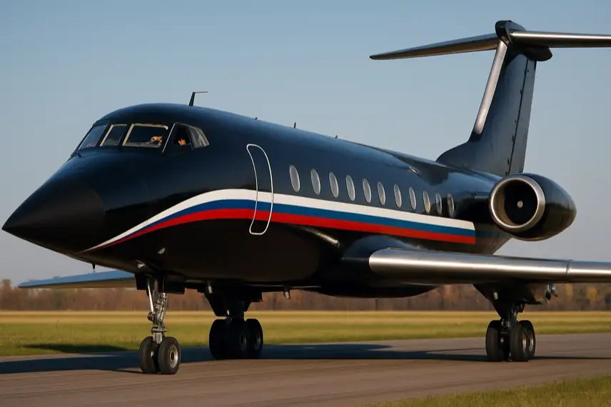 Schwarzes Passagierflugzeug mit langer Nase steht auf einer Landebahn bei Tageslicht, fotografiert in Nahaufnahme ohne sichtbare Personen.