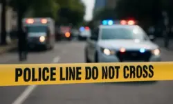 Absperrband der Polizei vor einem unscharfen Gebäude im Hintergrund, ohne Personen.