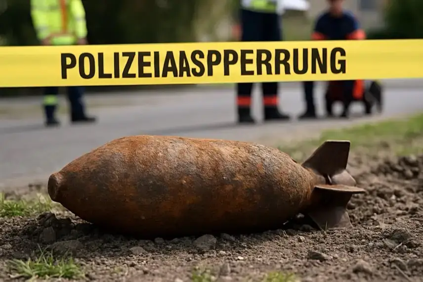 Absperrband im Vordergrund, dahinter unscharfe städtische Gebäude bei Tageslicht.