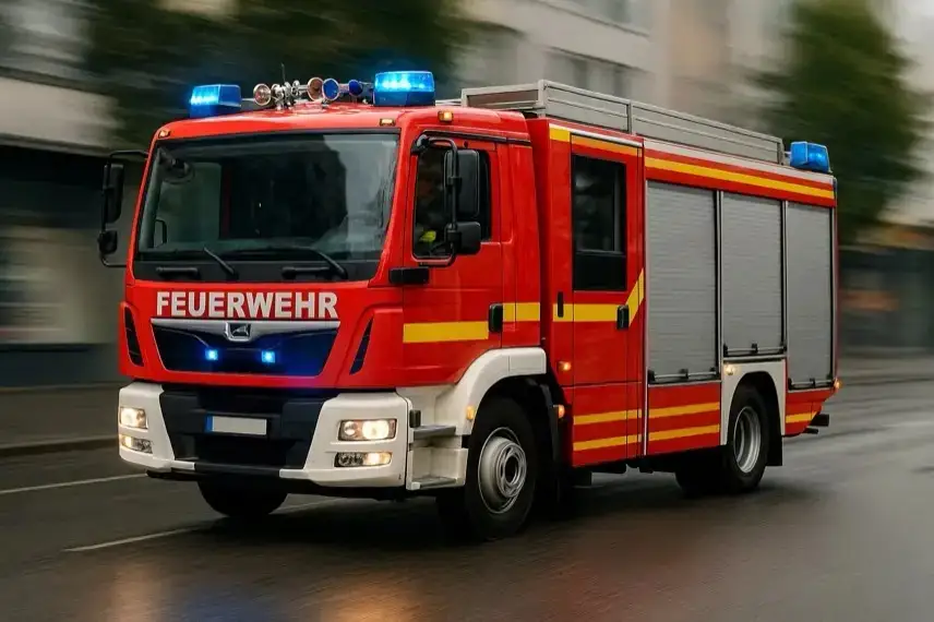 Rotes Feuerwehrauto mit Blaulicht fährt mit hoher Geschwindigkeit über eine nasse Straße in einer Stadt.