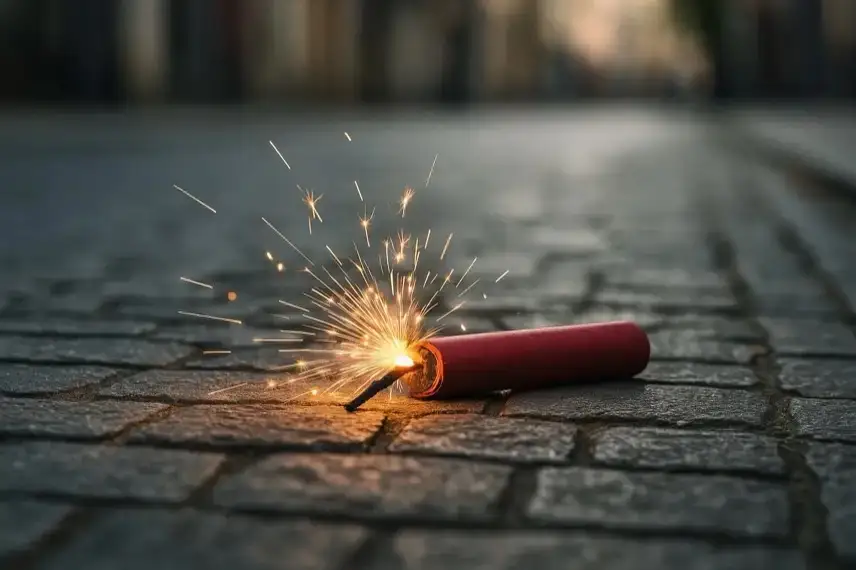 Feuerwerksreste liegen auf nassem Asphalt im warmen Licht einer Straßenlaterne, keine Menschen im Bild.