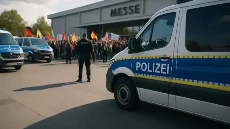 Fotorealistisches Bild eines gelb-blauen Polizeibands vor einem unscharfen Gebäude im Hintergrund, ohne Menschen.