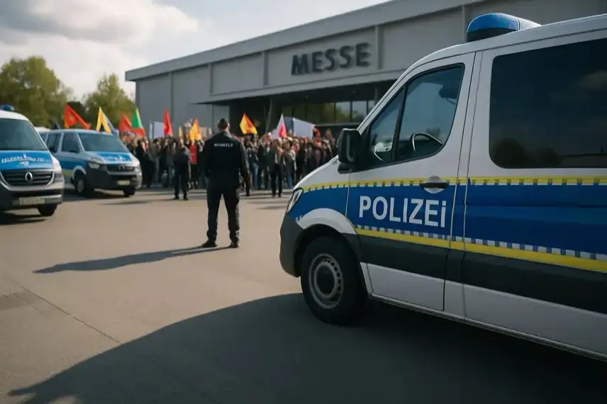 Fotorealistisches Bild eines gelb-blauen Polizeibands vor einem unscharfen Gebäude im Hintergrund, ohne Menschen.