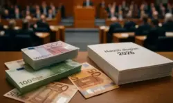 Stack aus Dokumenten, einem Rechner und einem Stift auf einem Holztisch vor unscharfem Bürohintergrund.