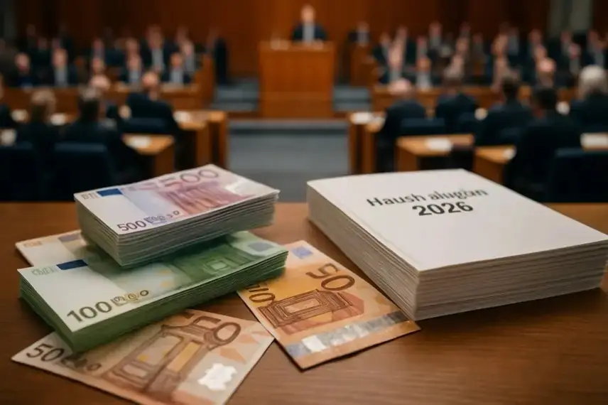 Stack aus Dokumenten, einem Rechner und einem Stift auf einem Holztisch vor unscharfem Bürohintergrund.