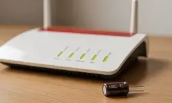 Fotorealistisches Bild eines modernen Routers auf einem Holzschreibtisch bei natürlichem Licht.