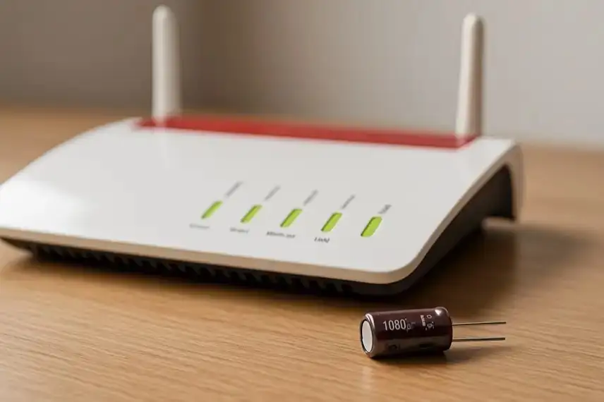 Fotorealistisches Bild eines modernen Routers auf einem Holzschreibtisch bei natürlichem Licht.