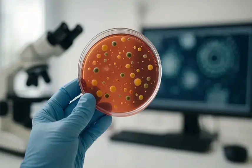 Fotorealistisches Labor mit Glasgefäßen, Pipetten und unscharfen wissenschaftlichen Geräten im Hintergrund, ohne Menschen dargestellt.