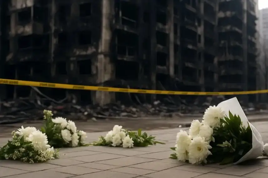 Gelbes Absperrband im Vordergrund, dahinter ein unscharfes modernes Hochhaus bei Tageslicht.