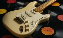 Nahaufnahme einer E-Gitarre, die an einem Verstärker auf einer Bühne lehnt, ohne Menschen im Bild.