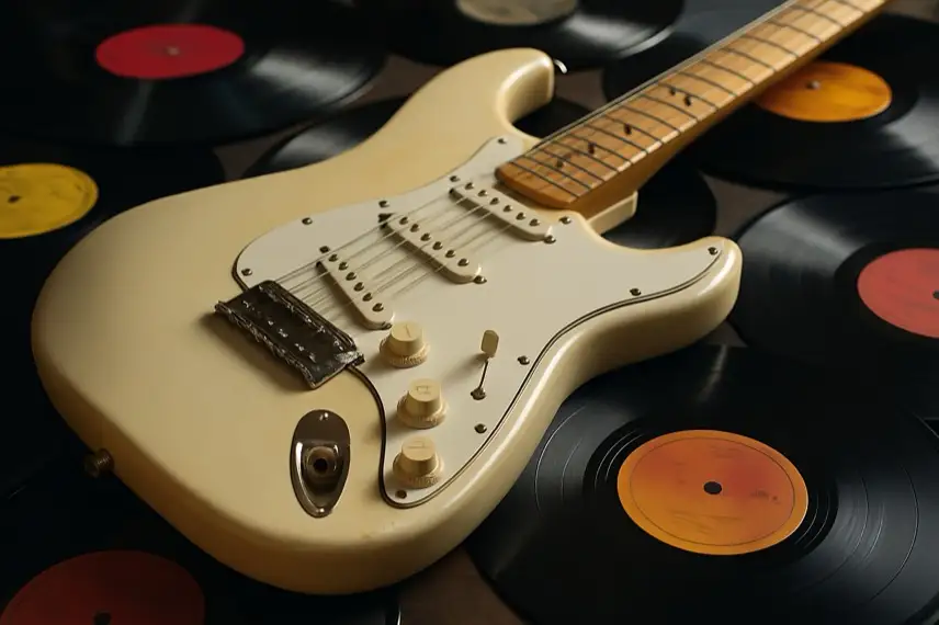 Nahaufnahme einer E-Gitarre, die an einem Verstärker auf einer Bühne lehnt, ohne Menschen im Bild.