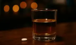 Nahaufnahme eines Glases mit bernsteinfarbener Flüssigkeit und einer weißen Tablette auf einem Holztisch, unscharfer Hintergrund.