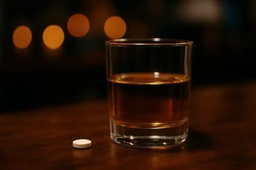 Nahaufnahme eines Glases mit bernsteinfarbener Flüssigkeit und einer weißen Tablette auf einem Holztisch, unscharfer Hintergrund.