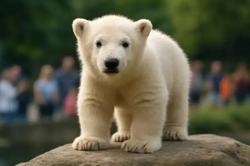 Junger Eisbär steht auf einem Felsen mit unscharfem Hintergrund aus Bäumen und Menschen.