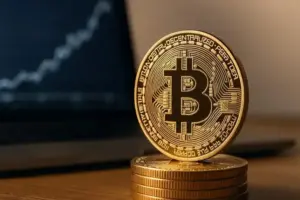 Goldene Bitcoin-Münze auf einem Holztisch vor einem Laptop mit unscharfem Kursdiagramm im Hintergrund.