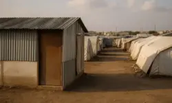 Leerer Weg zwischen Zelten und Blechhütten in einem Flüchtlingslager bei warmem Abendlicht, aufgenommen mit Tiefenschärfe.