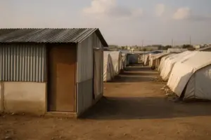 Leerer Weg zwischen Zelten und Blechhütten in einem Flüchtlingslager bei warmem Abendlicht, aufgenommen mit Tiefenschärfe.