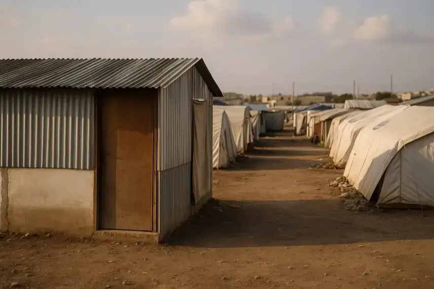 Leerer Weg zwischen Zelten und Blechhütten in einem Flüchtlingslager bei warmem Abendlicht, aufgenommen mit Tiefenschärfe.
