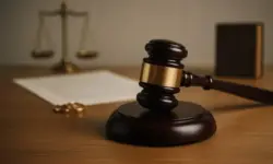 Richterhammer mit goldener Binde auf Holztisch, im Hintergrund Waage und Dokumente.