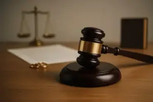 Richterhammer mit goldener Binde auf Holztisch, im Hintergrund Waage und Dokumente.