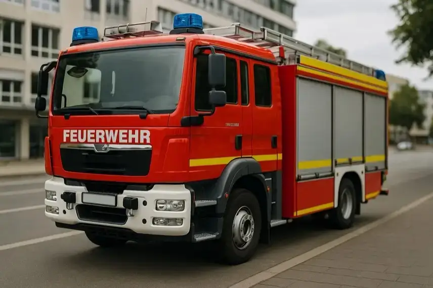Rotes Feuerwehrauto mit blauen Blaulichtern steht auf einer Stadtstraße vor Gebäuden.