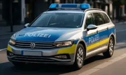 Ein deutsches Polizeiauto steht auf einer städtischen Straße bei Tageslicht, keine Menschen im Bild.