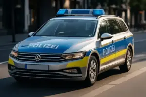 Ein deutsches Polizeiauto steht auf einer städtischen Straße bei Tageslicht, keine Menschen im Bild.