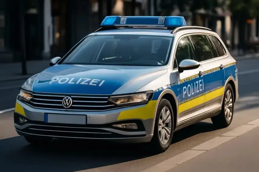 Ein deutsches Polizeiauto steht auf einer städtischen Straße bei Tageslicht, keine Menschen im Bild.