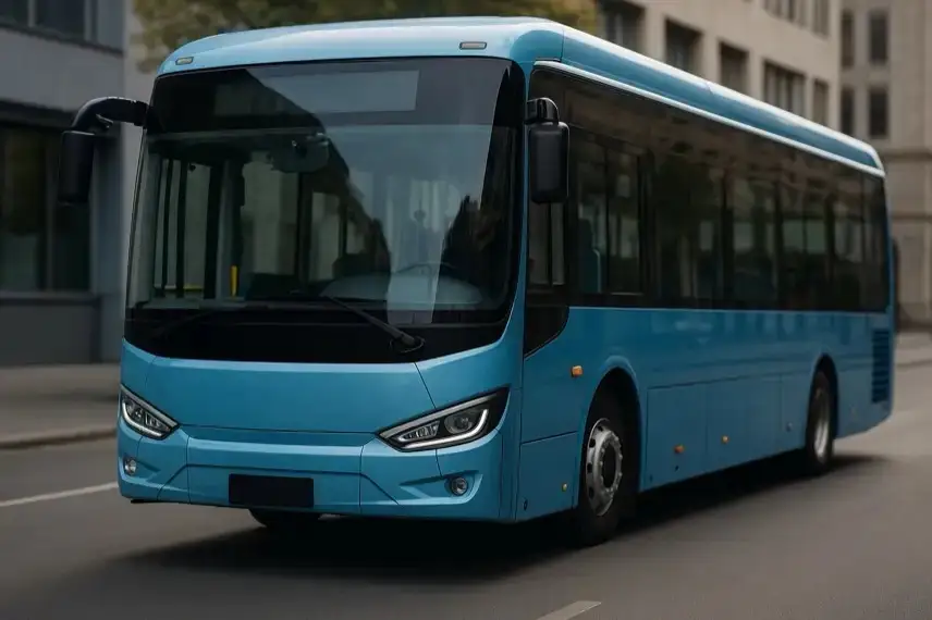 Blauer Elektrobus auf einer städtischen Straße bei Tageslicht, fotografiert mit Tiefenschärfe und natürlicher Beleuchtung.