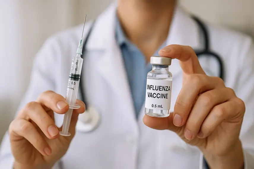 Nahaufnahme eines medizinischen Stilllebens mit Impfstoffvial und Spritze auf weißem Tisch, hell ausgeleuchtet und ohne Menschen.