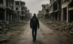 Eine einzelne Person läuft auf einer leeren Straße zwischen zerstörten Gebäuden in einer syrischen Stadt.