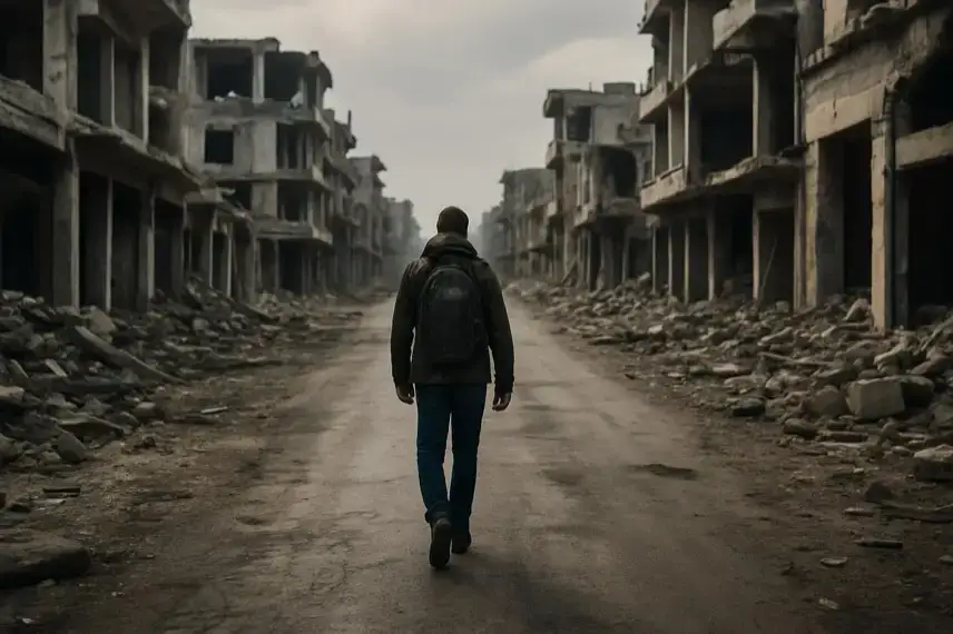 Eine einzelne Person läuft auf einer leeren Straße zwischen zerstörten Gebäuden in einer syrischen Stadt.